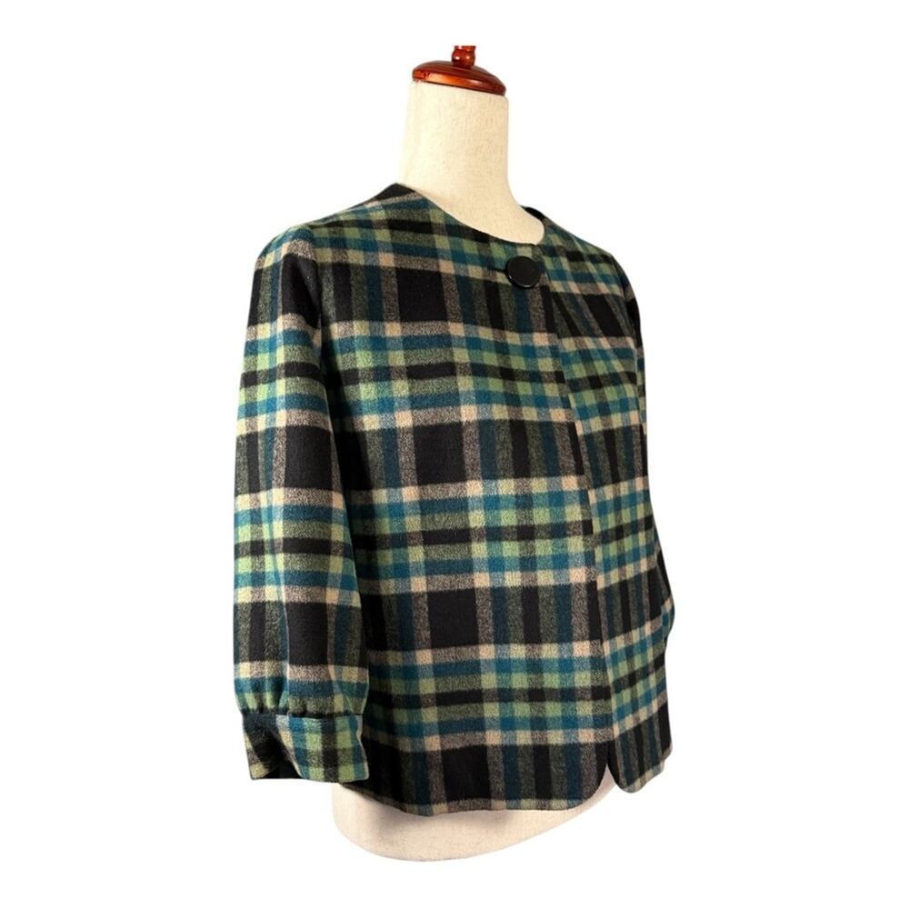Joe’s Green Blue Plaid Wool Blend Cropped Jacket Lined Coat Retro Cape M - Picture 2 of 10